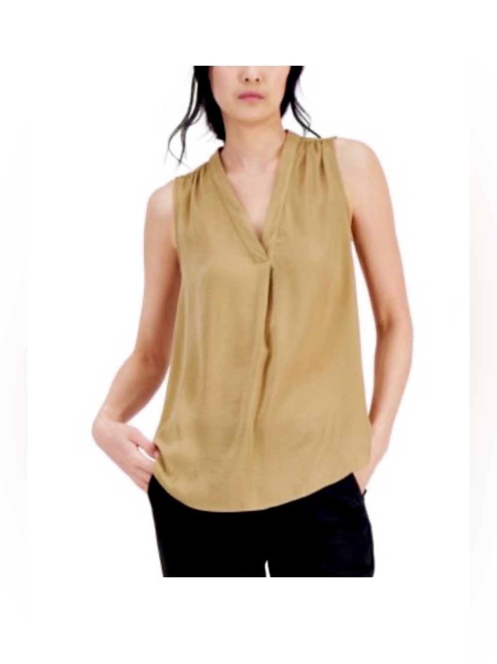 Alfani 1X Sleeveless V Neck Satin Top in Tan Gold NWT